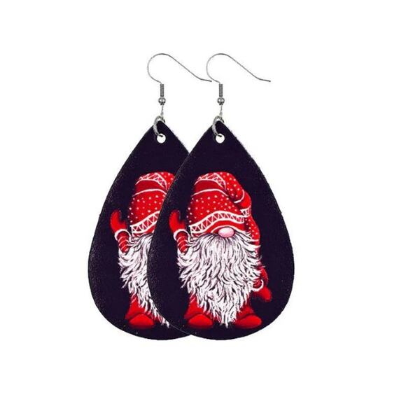 Gnome with Grey Beard Christmas Vegan Leather Teardrop Earrings - Picture 1 of 2